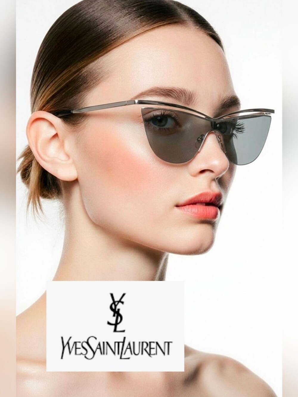 Saint Laurent Cat-Eye Tinted  Sunglasses Silver AUTHENTICATED +Case